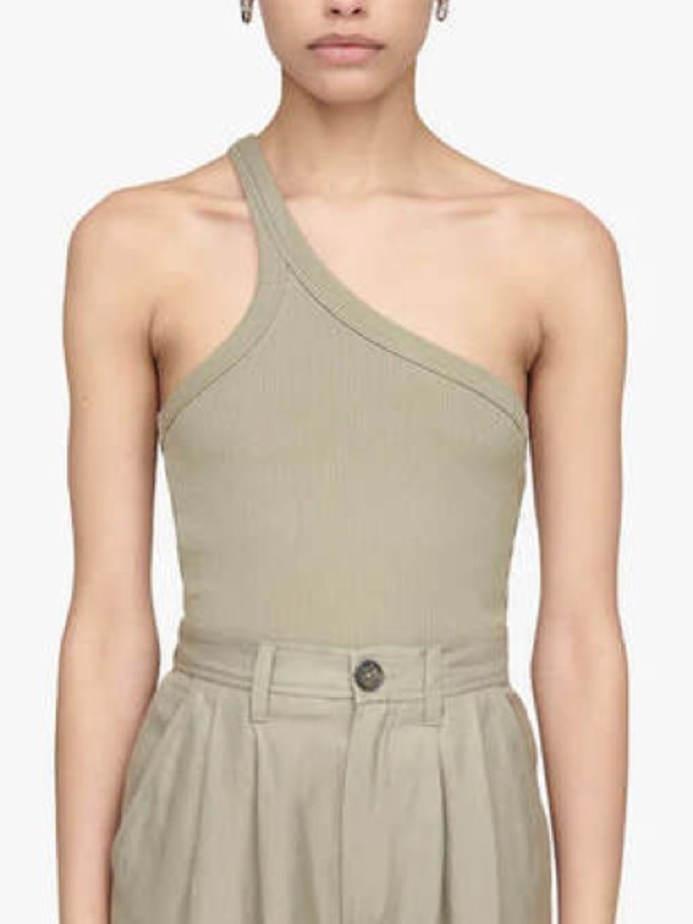 Anine Bing Ren One Shoulder Ribbed Top - Green Khaki - NWOT
